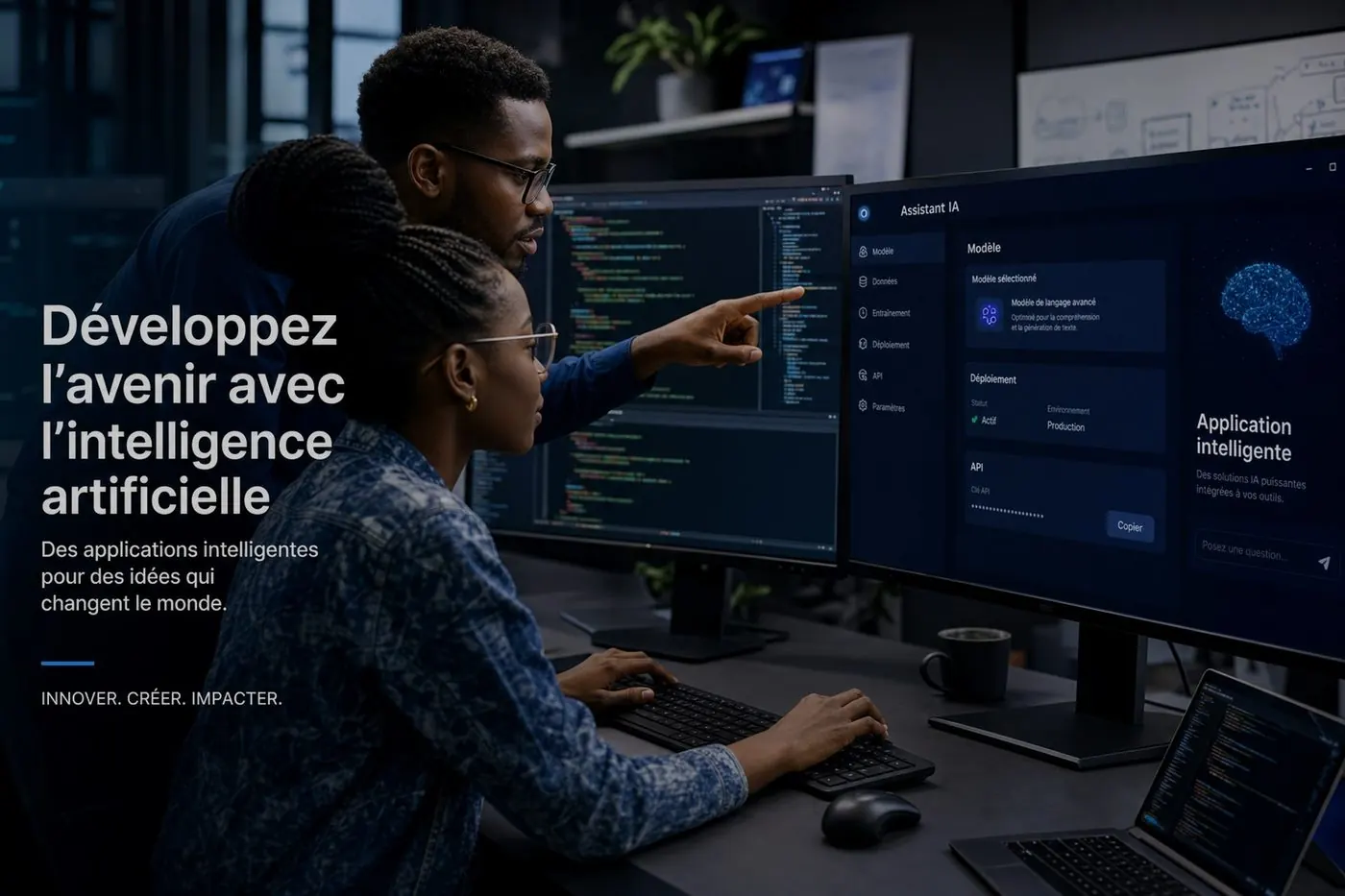 Ingénieurs logiciels africains développant une application d’IA dans les bureaux de Quanta Technologies