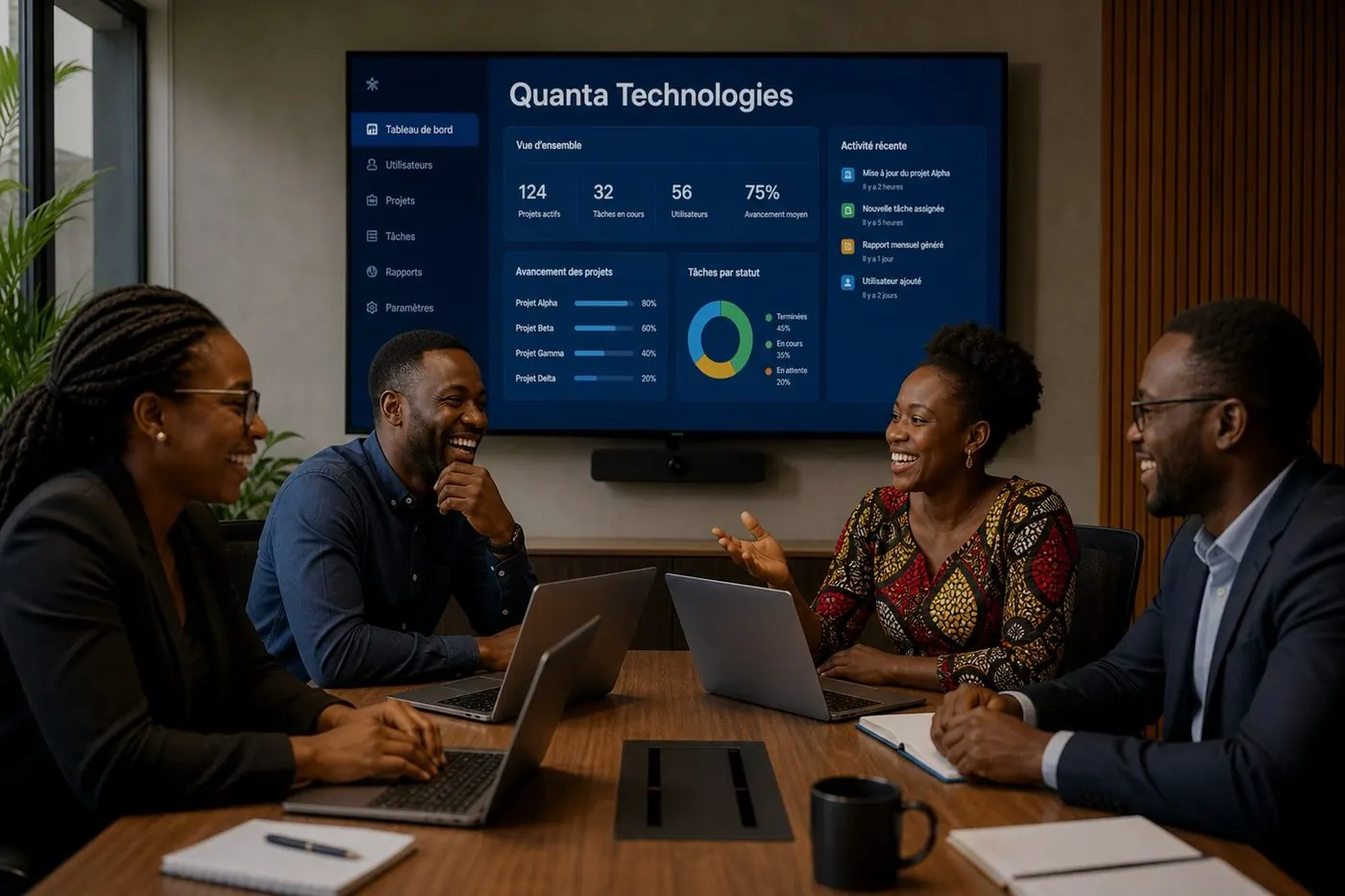 Équipe Quanta Technologies accueillant partenaires et clients en réunion à Kinshasa