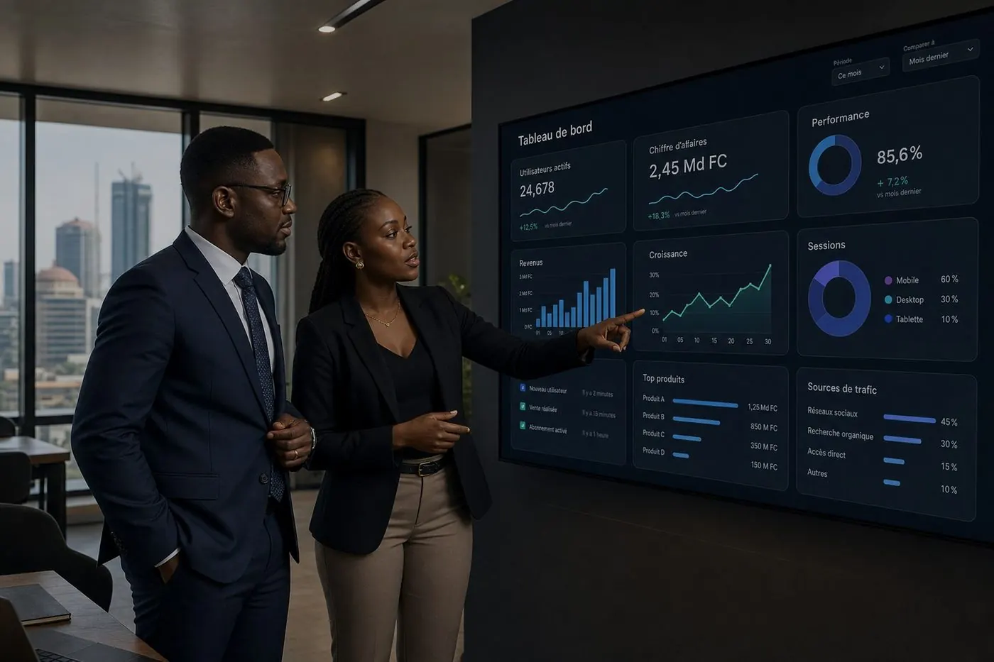 Managers africains de Quanta Technologies analysant un tableau de bord d’indicateurs en français