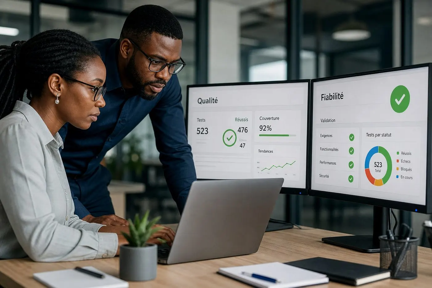 Contrôle qualité des solutions Quanta : écrans affichant validation, tests et indicateurs de fiabilité